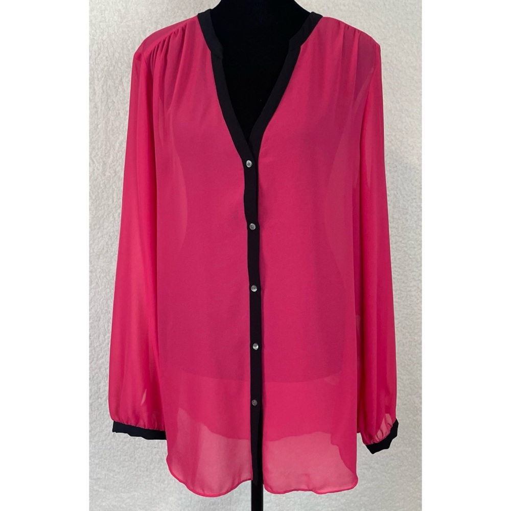 (NWT) DKNYC • Hot Pink/Black Sheer Long Sleeve Button-Down Shirt, L - Picture 12 of 16